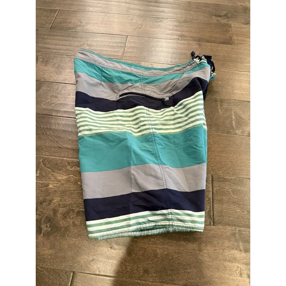 Patagonia Board Shorts Mens Size 35 Green Gray Striped Unlined Swim Trunks Beach